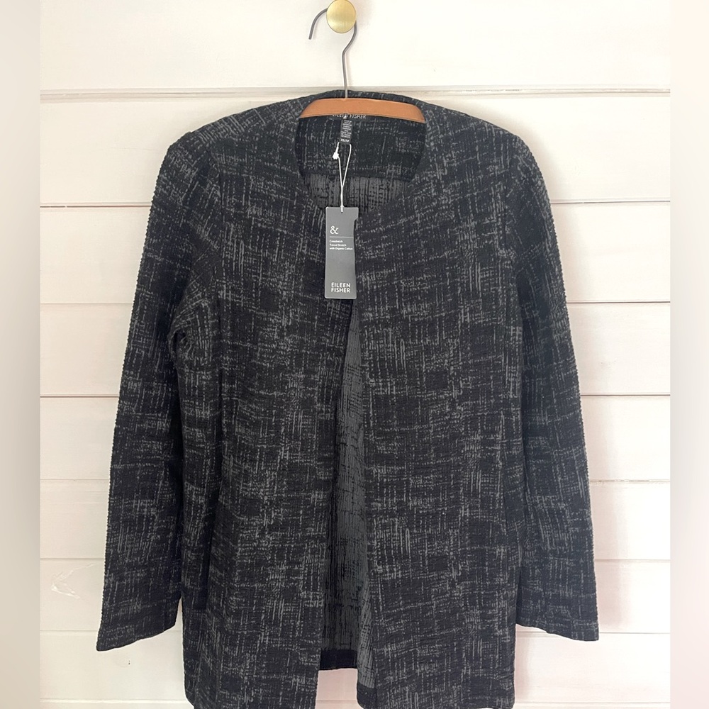 NWT EILEEN FISHER Coat Jacket Crosshatch Tencel Organic Cotton Black Sz XS $298